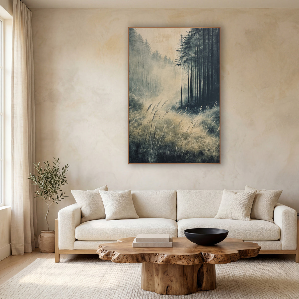 Misty Forest Grasses Zen Landscape wall art in a calm Japandi-style room – misty forest clearing with tall dark