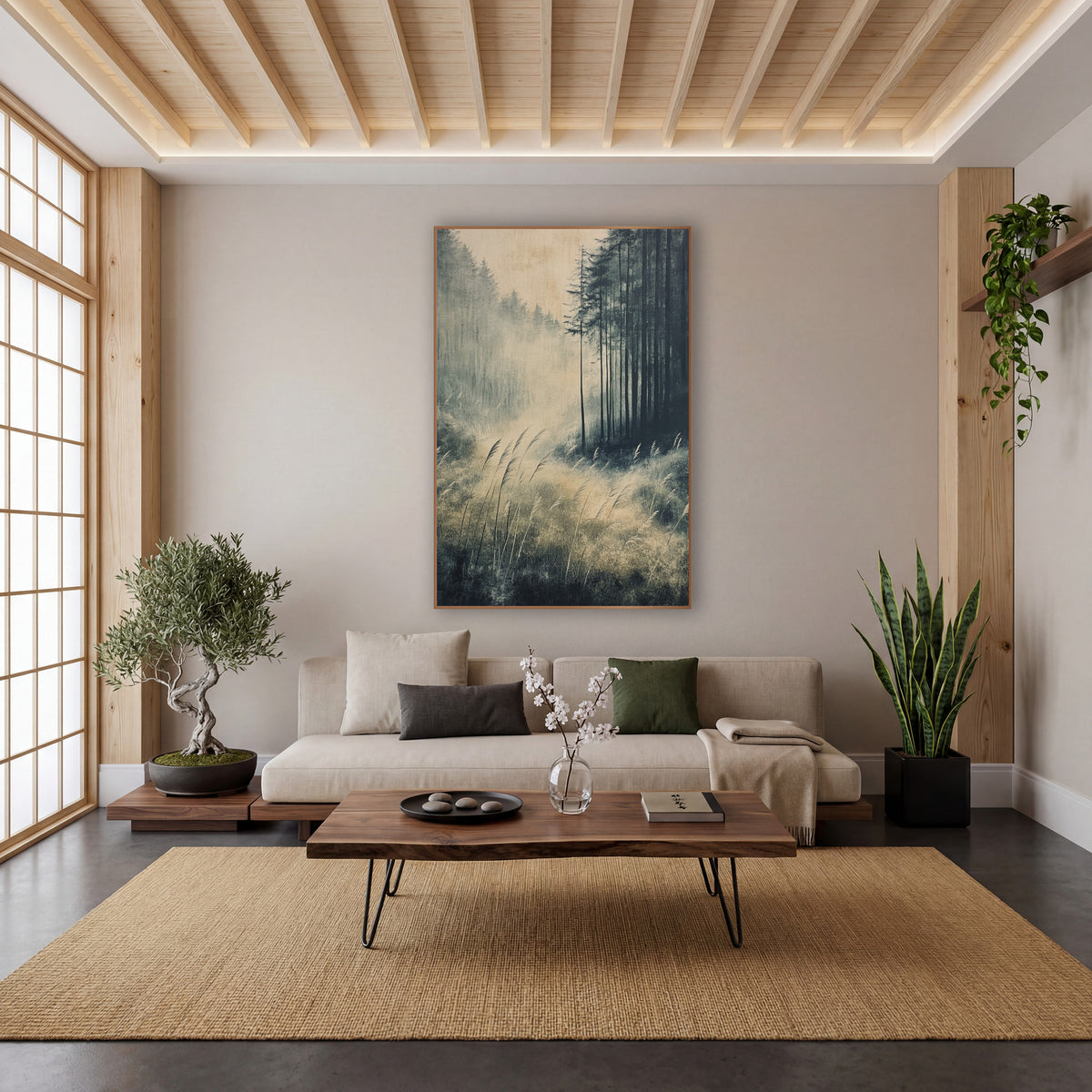 Misty Forest Grasses Zen Landscape wall art in a calm Japandi-style room – misty forest clearing with tall dark
