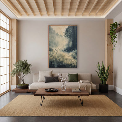 Misty Forest Grasses Zen Landscape wall art in a calm Japandi-style room – misty forest clearing with tall dark
