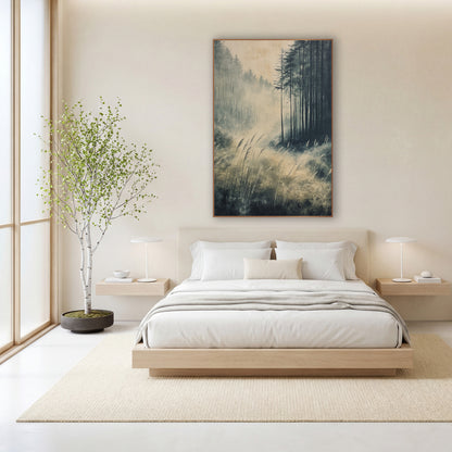 Misty Forest Grasses Zen Landscape wall art in a calm Japandi-style room – misty forest clearing with tall dark