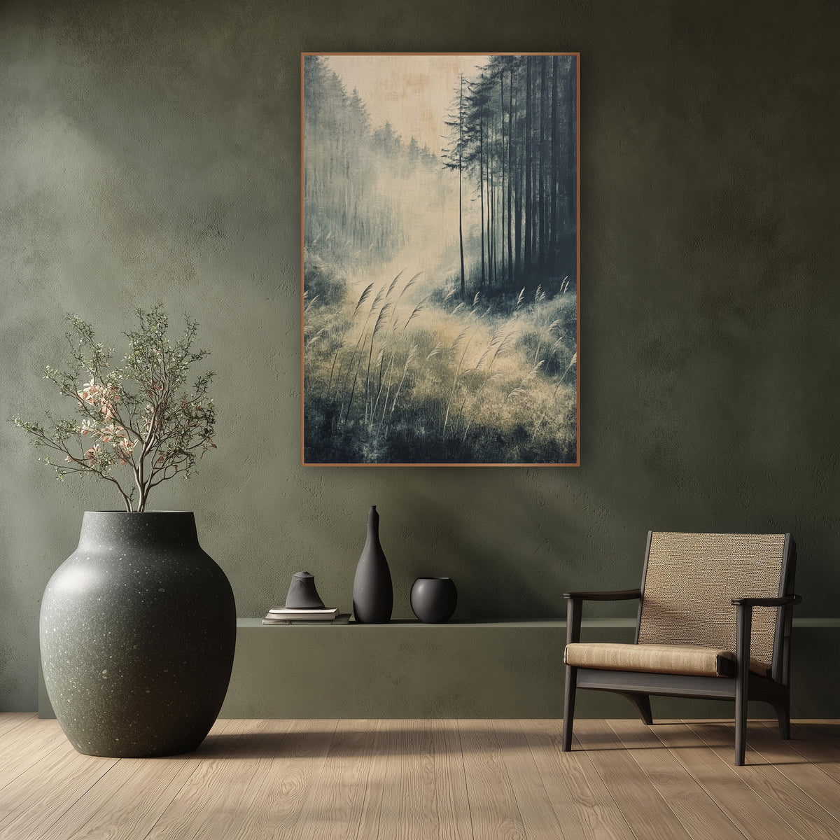 Misty Forest Grasses Zen Landscape wall art in a calm Japandi-style room – misty forest clearing with tall dark