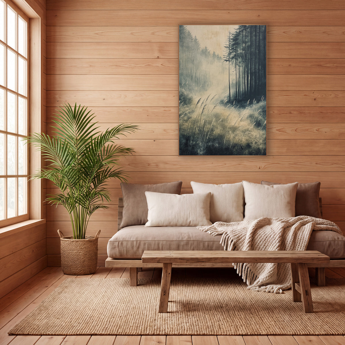 Misty Forest Grasses Zen Landscape wall art in a calm Japandi-style room – misty forest clearing with tall dark