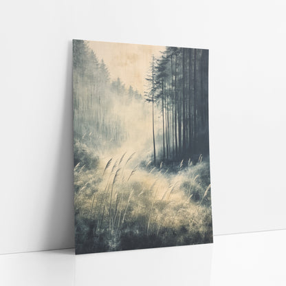 Misty Forest Grasses Zen Landscape art print leaning against a white wall – misty forest clearing with tall dark evergreens