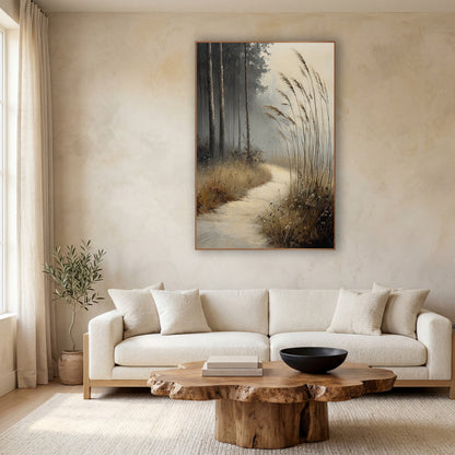 Misty Meadow Path Landscape wall art in a calm Japandi-style room – pale path curving through tall dry grasses