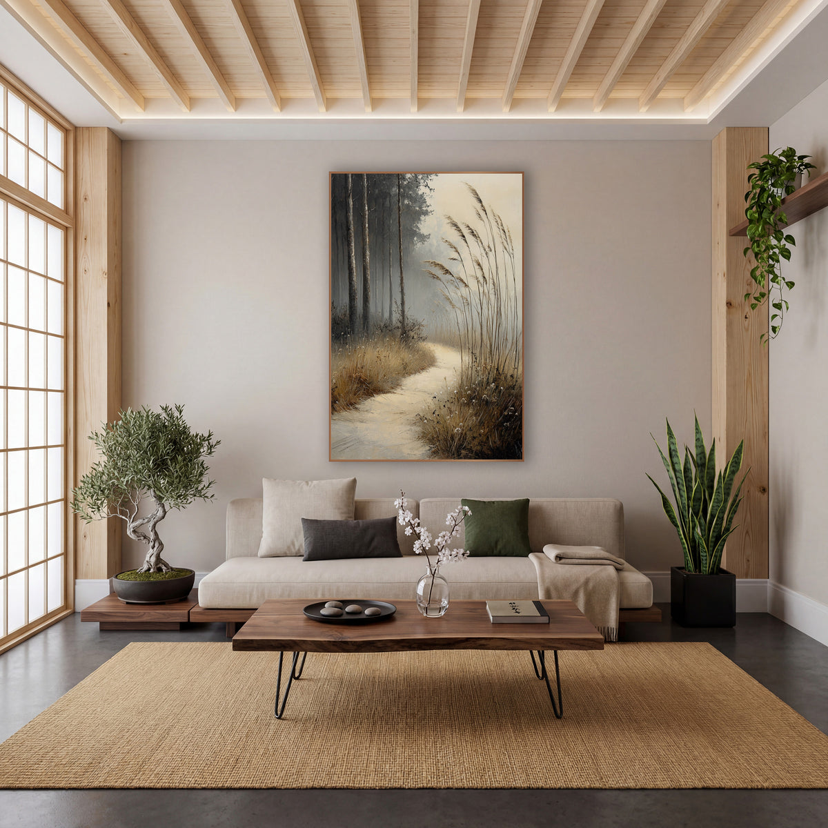 Misty Meadow Path Landscape wall art in a calm Japandi-style room – pale path curving through tall dry grasses