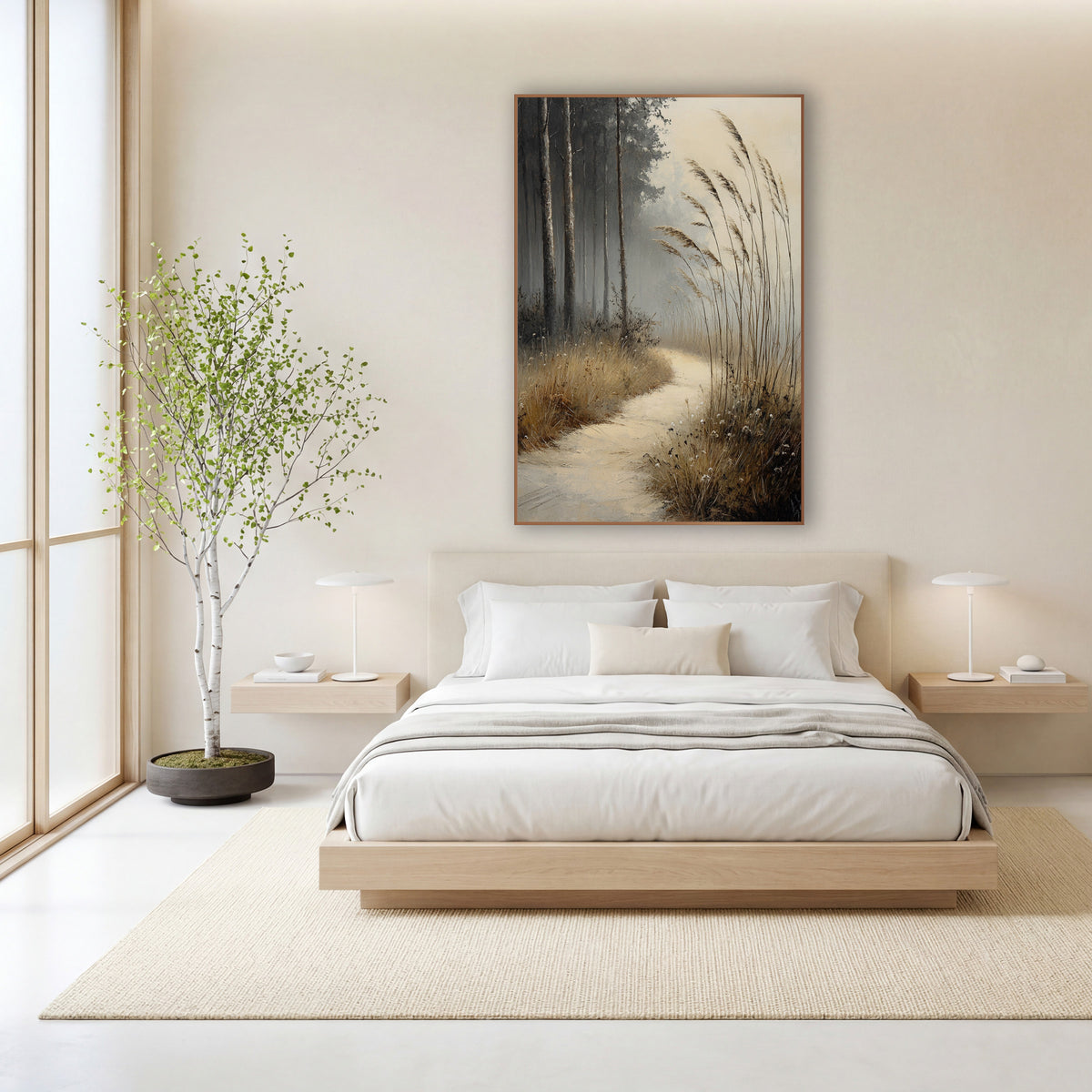 Misty Meadow Path Landscape wall art in a calm Japandi-style room – pale path curving through tall dry grasses