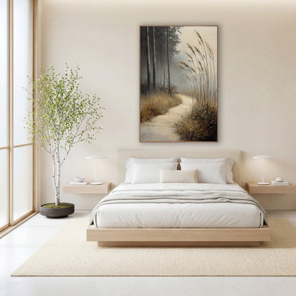 Misty Meadow Path Landscape wall art in a calm Japandi-style room – pale path curving through tall dry grasses