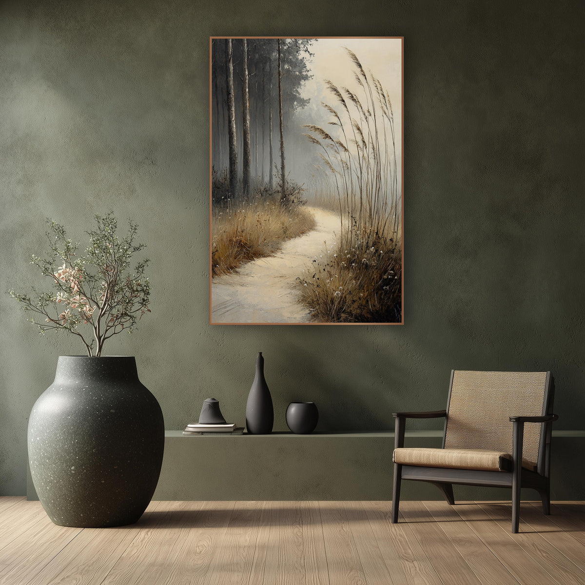 Misty Meadow Path Landscape wall art in a calm Japandi-style room – pale path curving through tall dry grasses