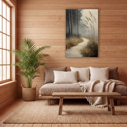 Misty Meadow Path Landscape wall art in a calm Japandi-style room – pale path curving through tall dry grasses