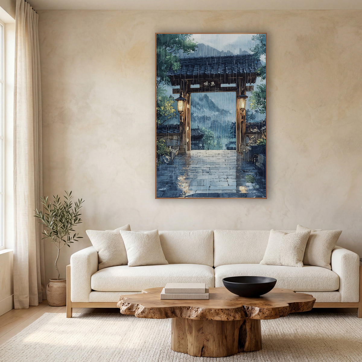 Lantern Gate Misty Mountains Watercolor wall art in a calm Japandi-style room – wooden gate with tiled roof