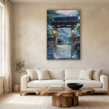 Lantern Gate Misty Mountains Watercolor wall art in a calm Japandi-style room – wooden gate with tiled roof