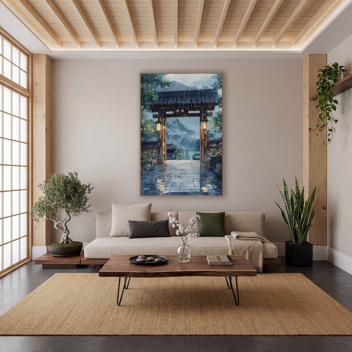Lantern Gate Misty Mountains Watercolor wall art in a calm Japandi-style room – wooden gate with tiled roof
