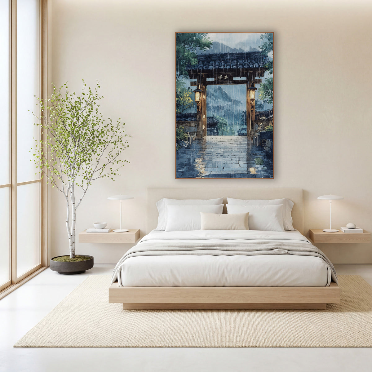 Lantern Gate Misty Mountains Watercolor wall art in a calm Japandi-style room – wooden gate with tiled roof