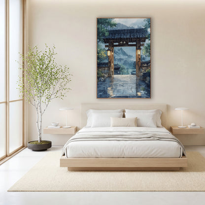 Lantern Gate Misty Mountains Watercolor wall art in a calm Japandi-style room – wooden gate with tiled roof