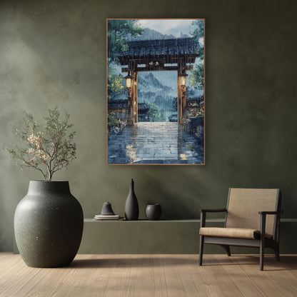 Lantern Gate Misty Mountains Watercolor wall art in a calm Japandi-style room – wooden gate with tiled roof