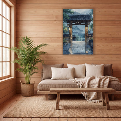 Lantern Gate Misty Mountains Watercolor wall art in a calm Japandi-style room – wooden gate with tiled roof
