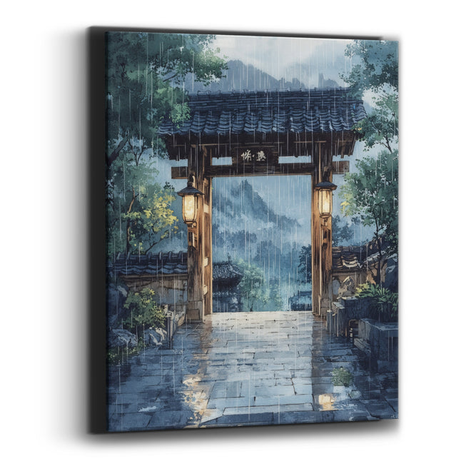 Lantern Gate Misty Mountains Watercolor Canvas Wall Art