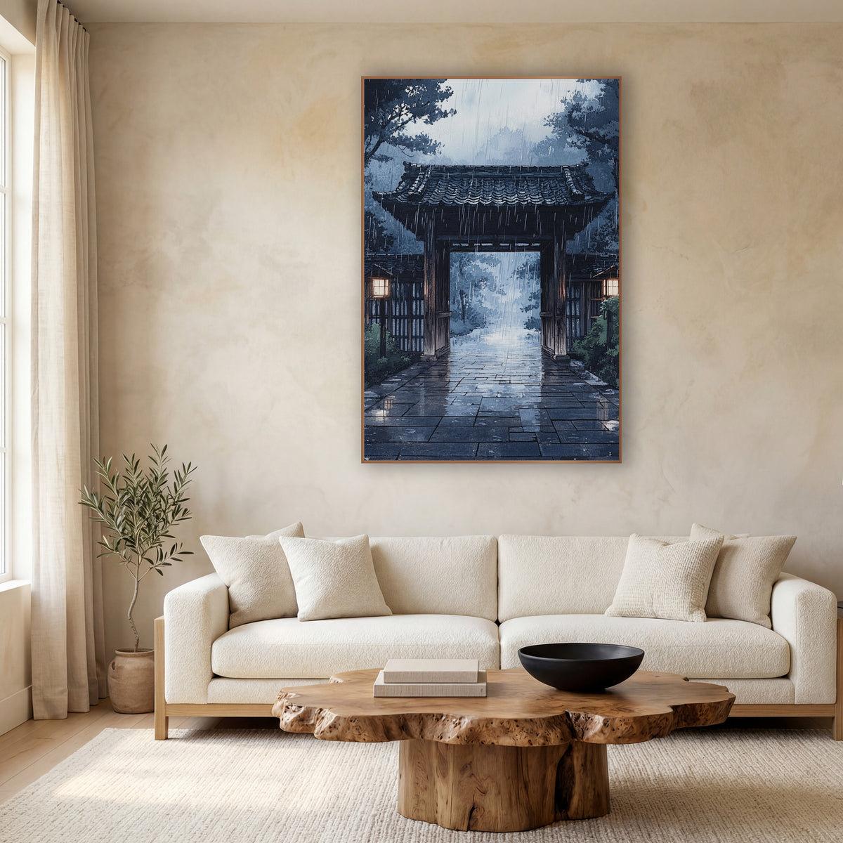 Twilight Stone Courtyard Gate Ink wall art in a calm Japandi-style room – wooden gate with tiled roof and two glowing