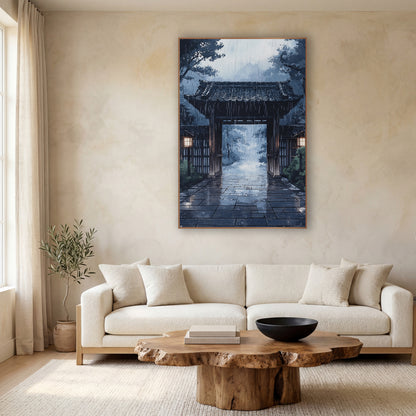 Twilight Stone Courtyard Gate Ink wall art in a calm Japandi-style room – wooden gate with tiled roof and two glowing