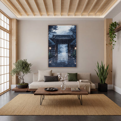 Twilight Stone Courtyard Gate Ink wall art in a calm Japandi-style room – wooden gate with tiled roof and two glowing