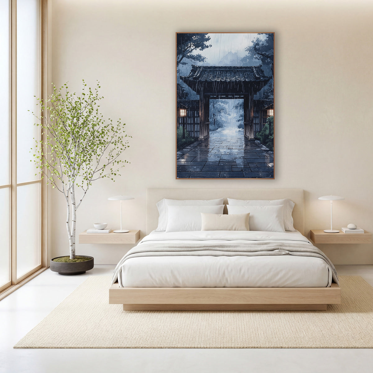 Twilight Stone Courtyard Gate Ink wall art in a calm Japandi-style room – wooden gate with tiled roof and two glowing