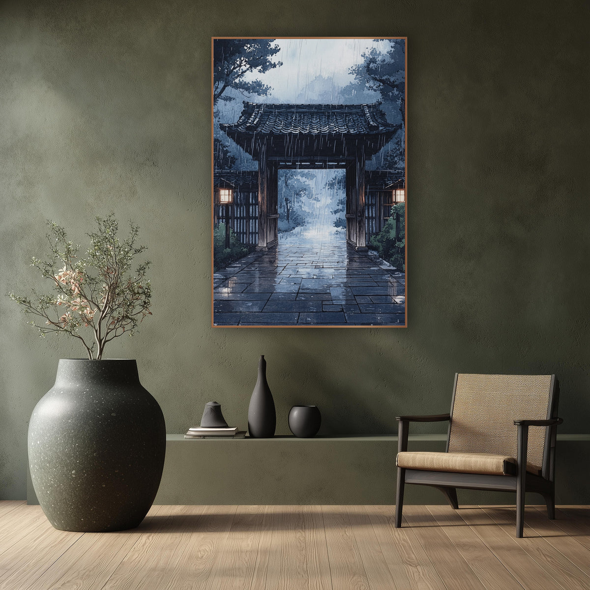 Twilight Stone Courtyard Gate Ink wall art in a calm Japandi-style room – wooden gate with tiled roof and two glowing