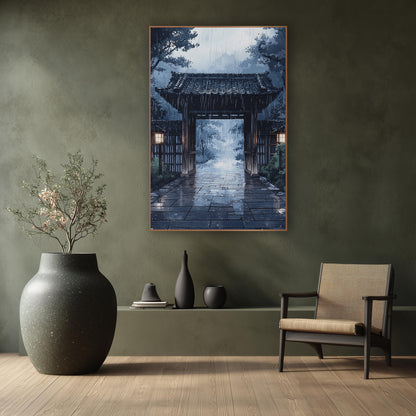 Twilight Stone Courtyard Gate Ink wall art in a calm Japandi-style room – wooden gate with tiled roof and two glowing