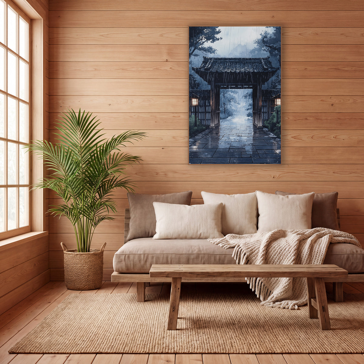 Twilight Stone Courtyard Gate Ink wall art in a calm Japandi-style room – wooden gate with tiled roof and two glowing