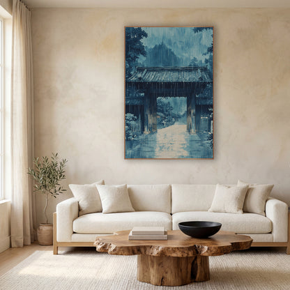 Blue Rainy Wooden Gate Japandi wall art in a calm Japandi-style room – blue artwork of a wooden gate with a tiled roof