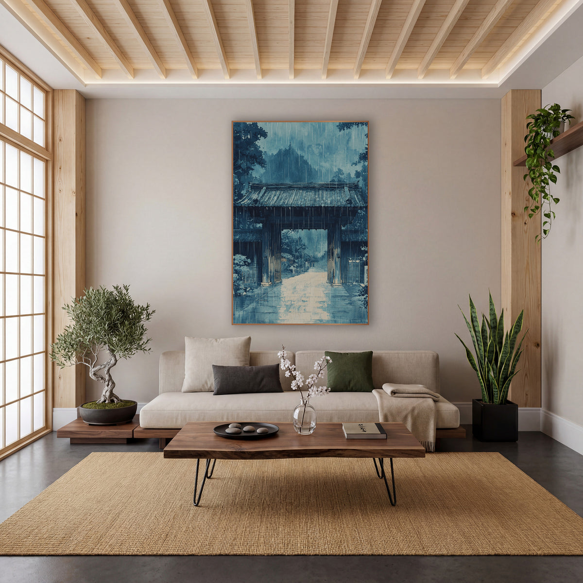 Blue Rainy Wooden Gate Japandi wall art in a calm Japandi-style room – blue artwork of a wooden gate with a tiled roof