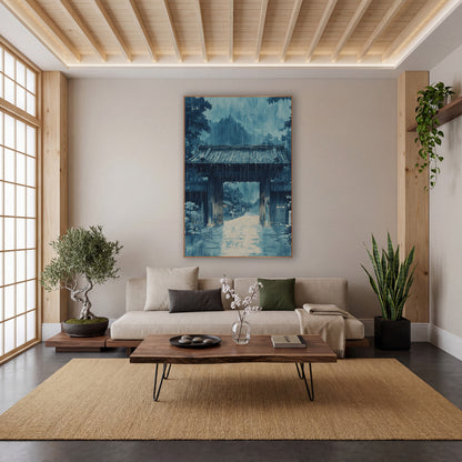 Blue Rainy Wooden Gate Japandi wall art in a calm Japandi-style room – blue artwork of a wooden gate with a tiled roof