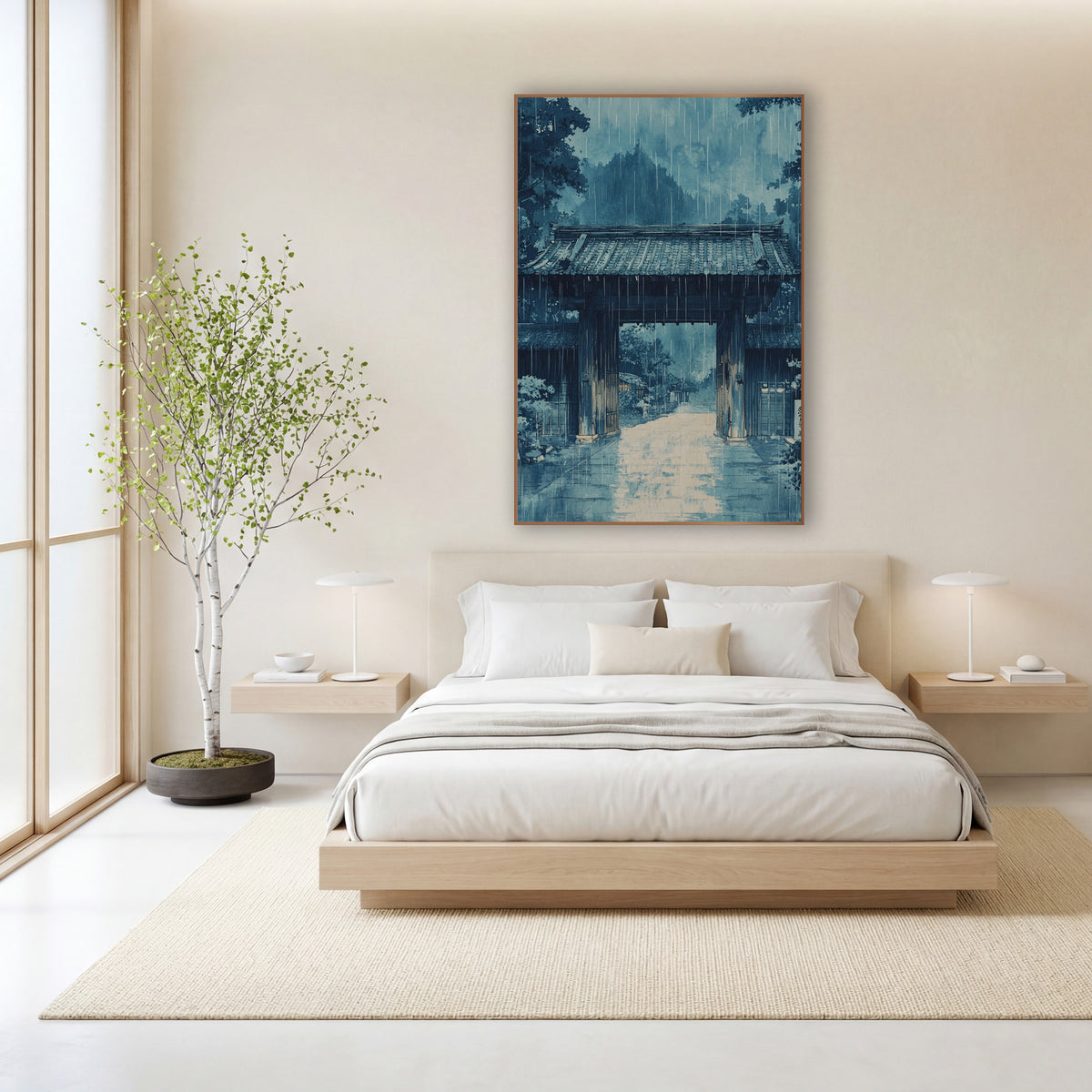 Blue Rainy Wooden Gate Japandi wall art in a calm Japandi-style room – blue artwork of a wooden gate with a tiled roof