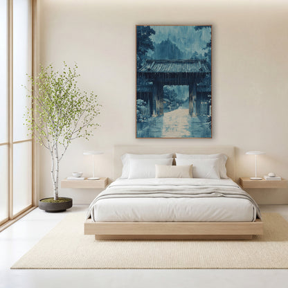 Blue Rainy Wooden Gate Japandi wall art in a calm Japandi-style room – blue artwork of a wooden gate with a tiled roof