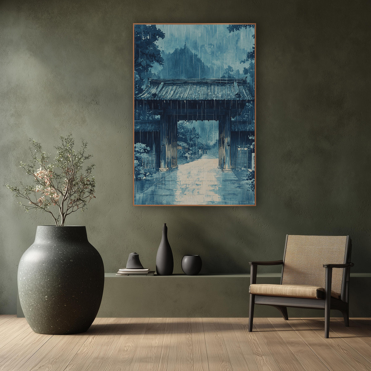 Blue Rainy Wooden Gate Japandi wall art in a calm Japandi-style room – blue artwork of a wooden gate with a tiled roof