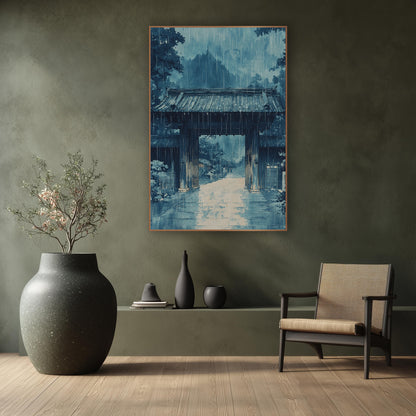 Blue Rainy Wooden Gate Japandi wall art in a calm Japandi-style room – blue artwork of a wooden gate with a tiled roof