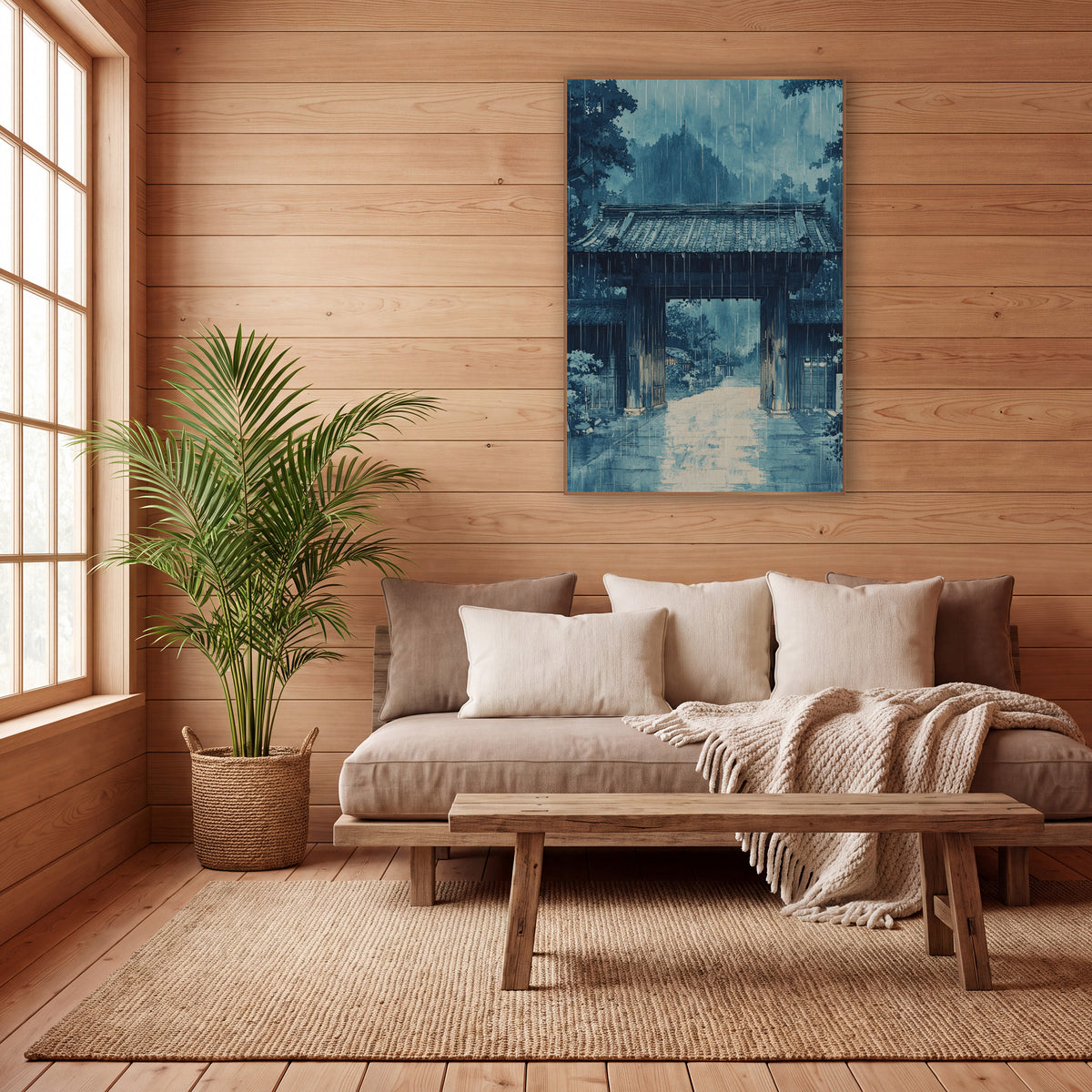 Blue Rainy Wooden Gate Japandi wall art in a calm Japandi-style room – blue artwork of a wooden gate with a tiled roof