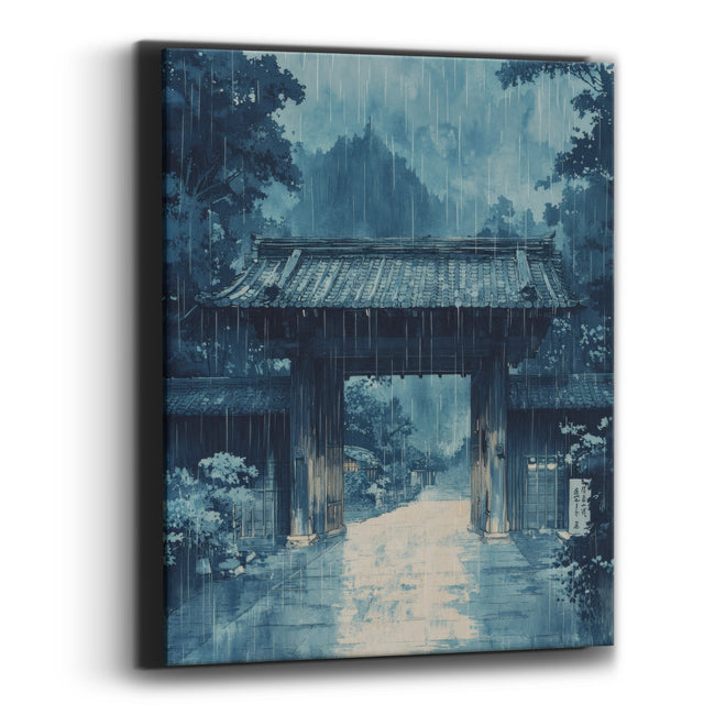 Blue Rainy Wooden Gate Japandi Canvas Wall Art