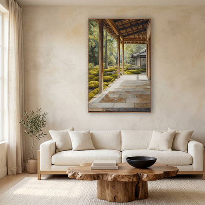 Stone Veranda Pagoda Moss wall art in a calm Japandi-style room – sunlit wooden veranda with stone floor slabs