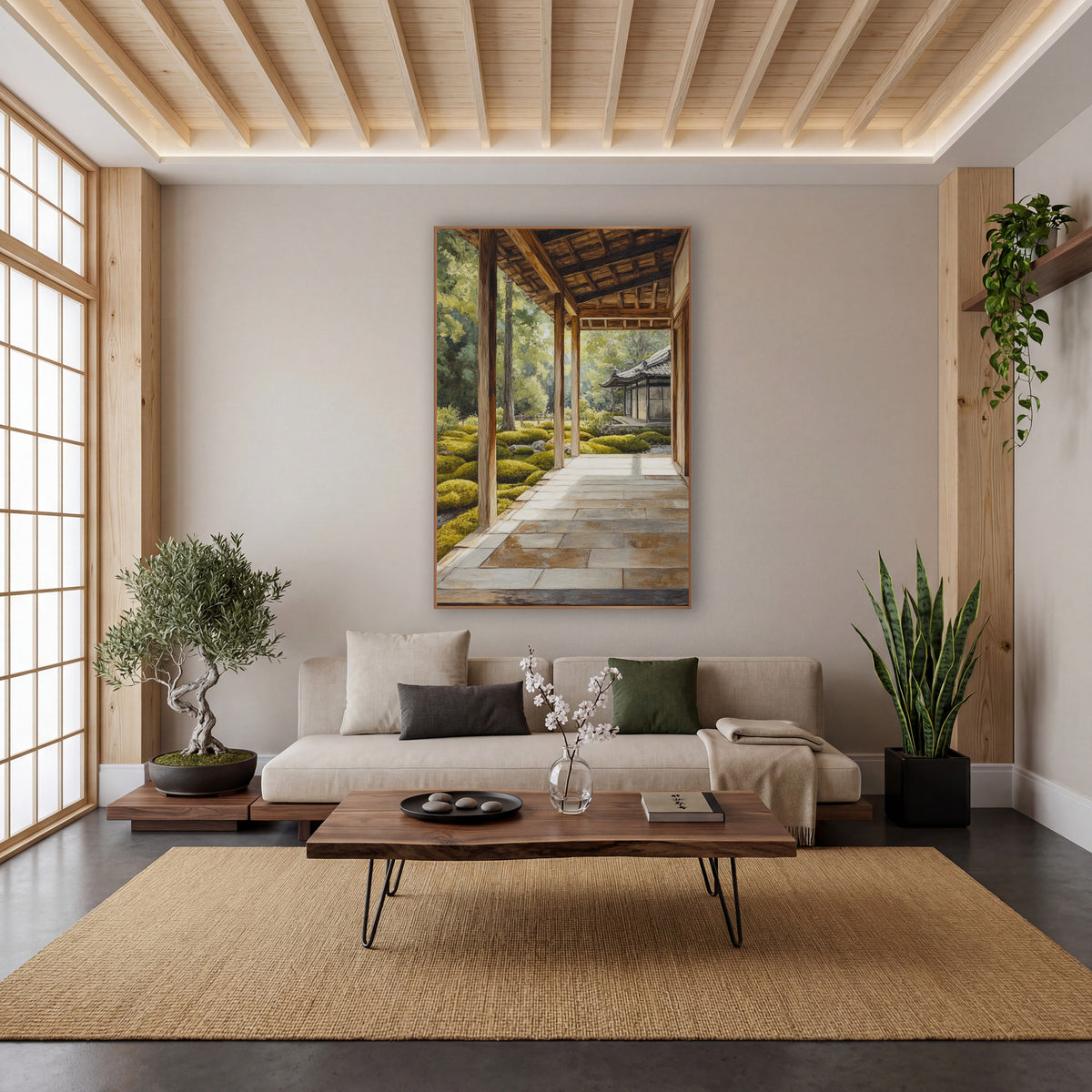 Stone Veranda Pagoda Moss wall art in a calm Japandi-style room – sunlit wooden veranda with stone floor slabs