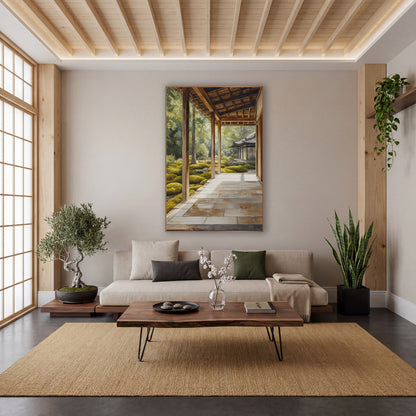 Stone Veranda Pagoda Moss wall art in a calm Japandi-style room – sunlit wooden veranda with stone floor slabs