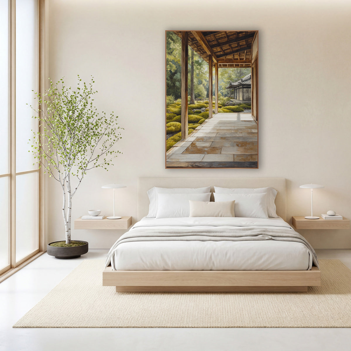 Stone Veranda Pagoda Moss wall art in a calm Japandi-style room – sunlit wooden veranda with stone floor slabs