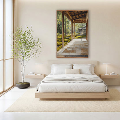 Stone Veranda Pagoda Moss wall art in a calm Japandi-style room – sunlit wooden veranda with stone floor slabs