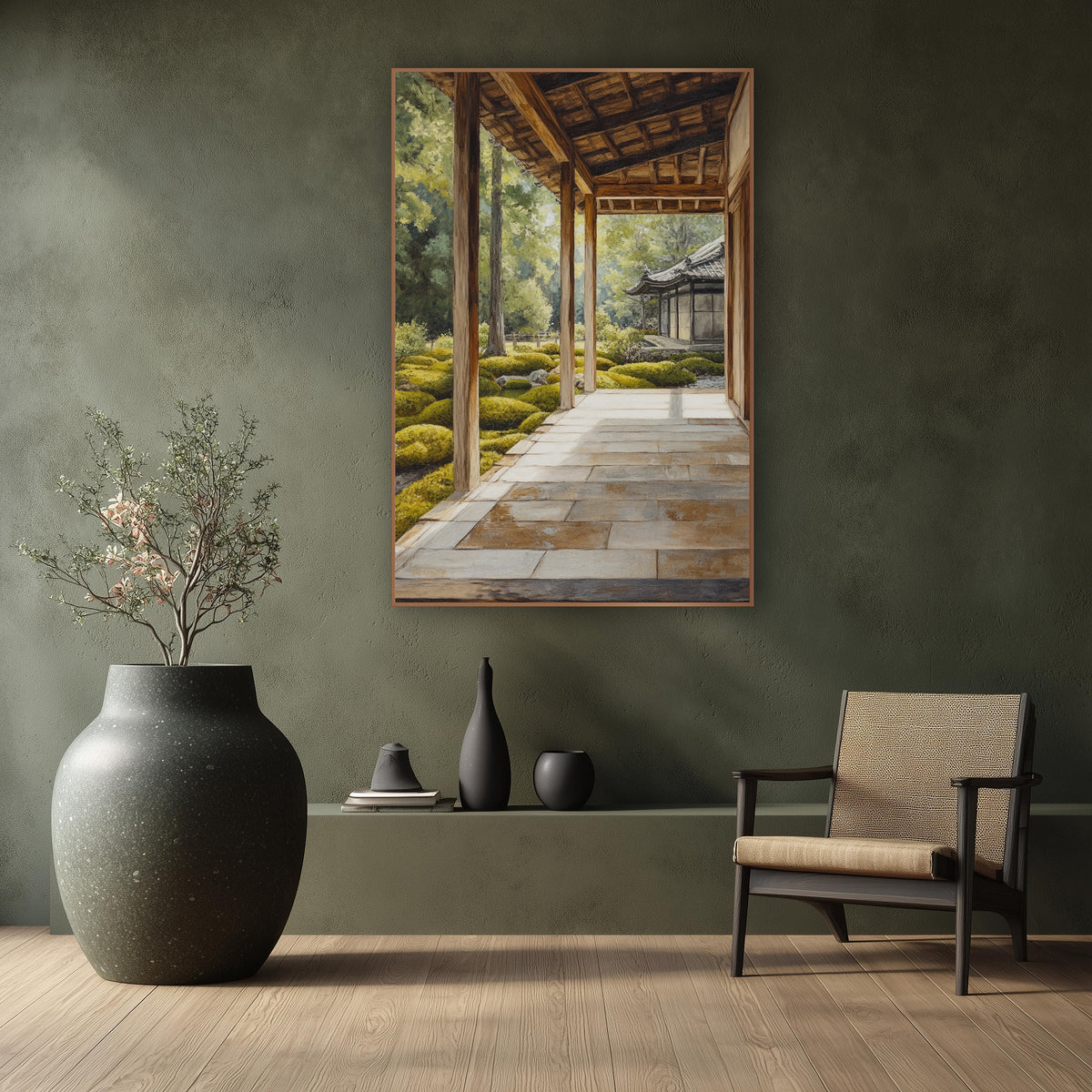 Stone Veranda Pagoda Moss wall art in a calm Japandi-style room – sunlit wooden veranda with stone floor slabs