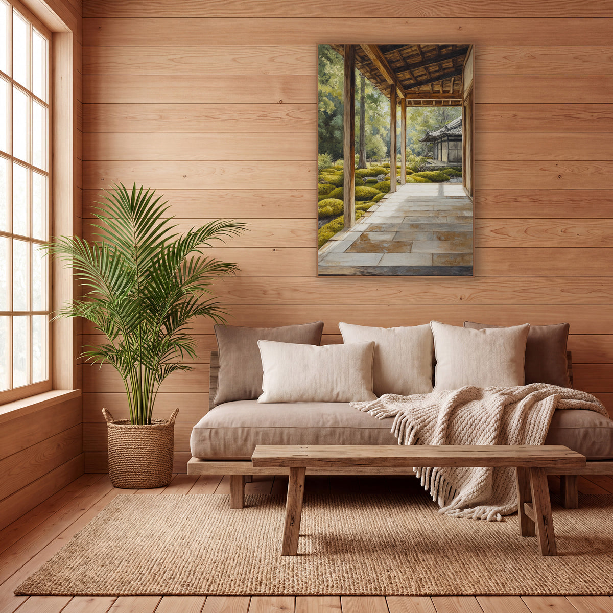 Stone Veranda Pagoda Moss wall art in a calm Japandi-style room – sunlit wooden veranda with stone floor slabs
