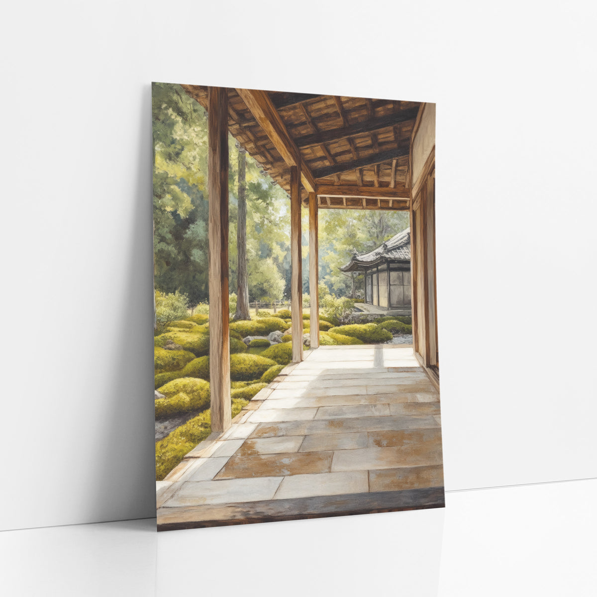 Stone Veranda Pagoda Moss art print leaning against a white wall – sunlit wooden veranda with stone floor slabs overlooking