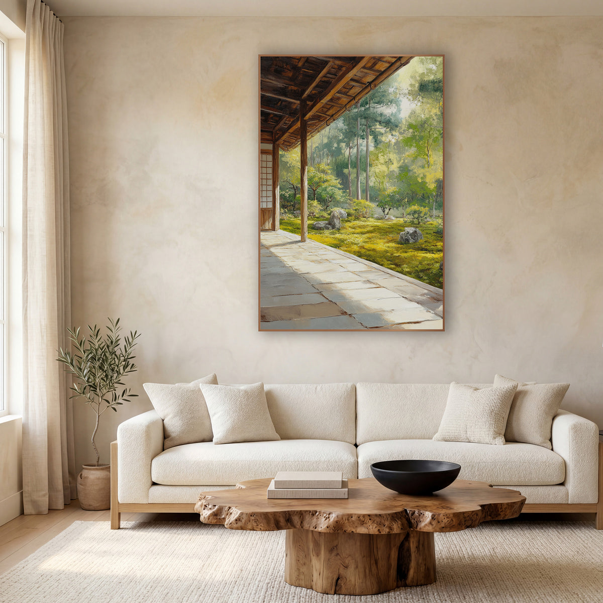Mossy Boulder Clearing Veranda Japandi wall art in a calm Japandi-style room – wooden veranda with timber posts