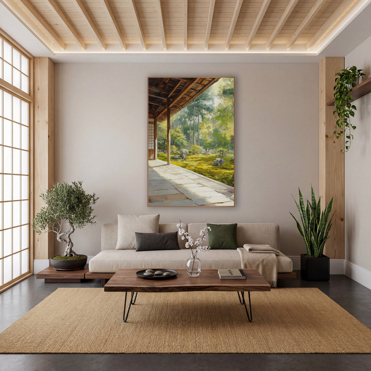 Mossy Boulder Clearing Veranda Japandi wall art in a calm Japandi-style room – wooden veranda with timber posts