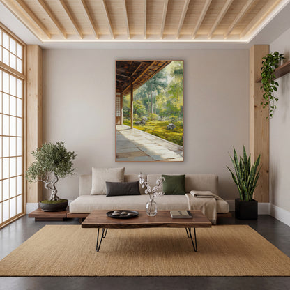 Mossy Boulder Clearing Veranda Japandi wall art in a calm Japandi-style room – wooden veranda with timber posts