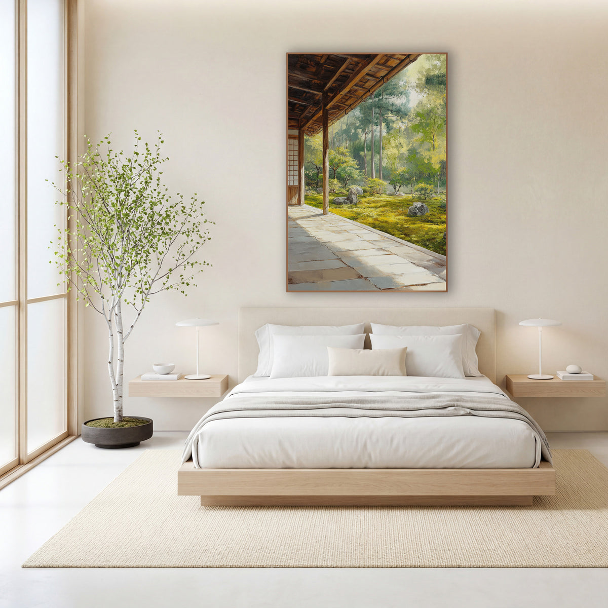 Mossy Boulder Clearing Veranda Japandi wall art in a calm Japandi-style room – wooden veranda with timber posts