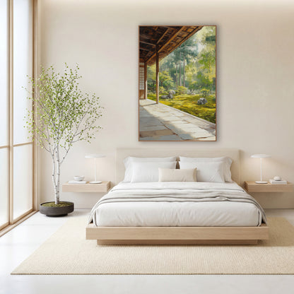 Mossy Boulder Clearing Veranda Japandi wall art in a calm Japandi-style room – wooden veranda with timber posts